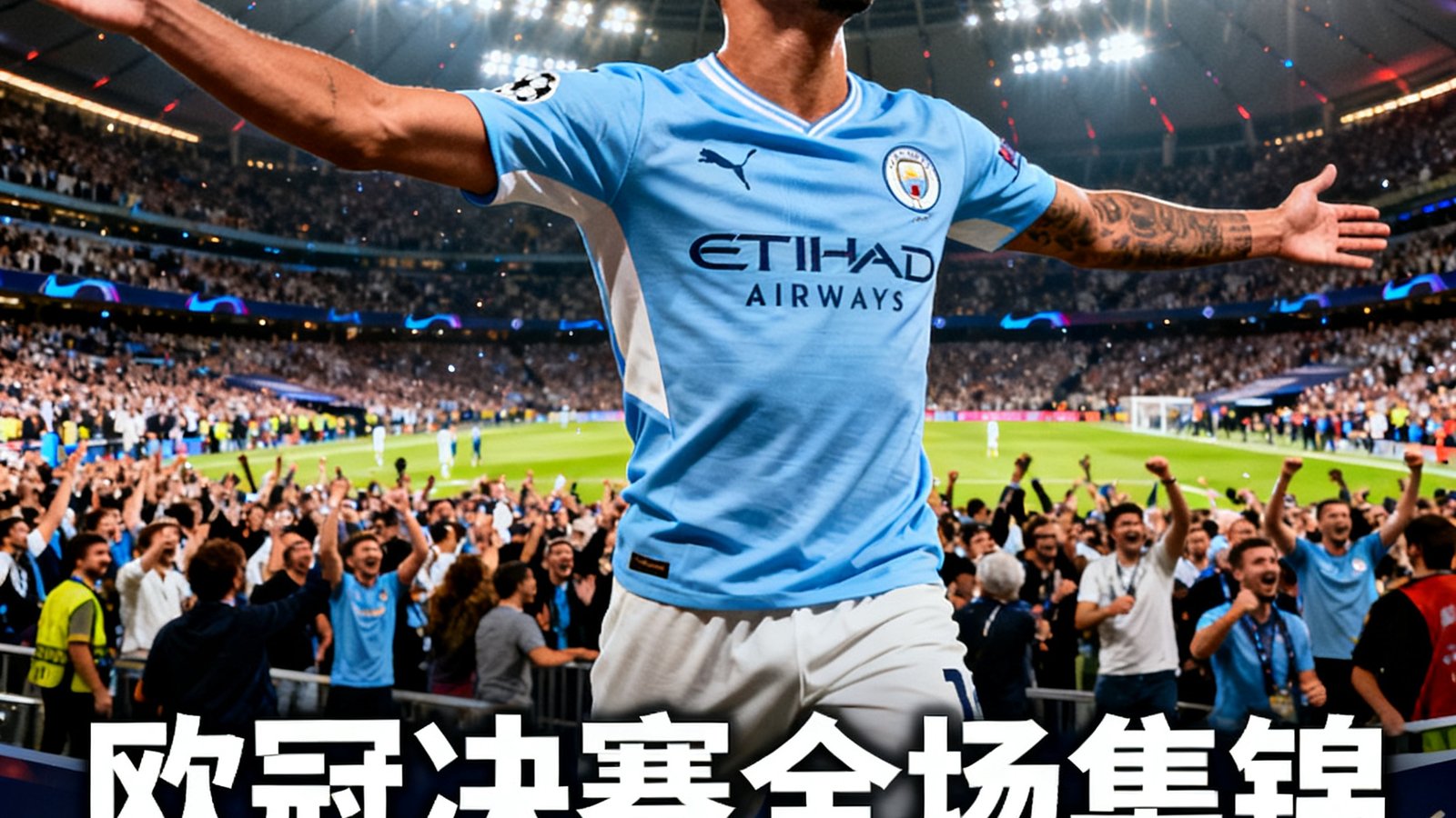 欧冠决赛全场集锦视频缩略图，画面中曼城队员罗德里正在庆祝加时赛头球绝杀，背景是伊斯坦布尔球场的璀璨灯光与欢呼的球迷海洋，时长约4分钟的高清精彩回放
