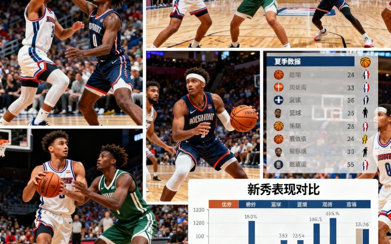 NBA夏季联赛分析文章配图，多张年轻球员在赛场上激烈对抗的拼贴画面，数据图表叠加在画面右侧展示新秀表现对比